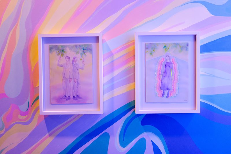 Grounded Together and Frequency Travelor on paper with the Liquid Sky mural behind